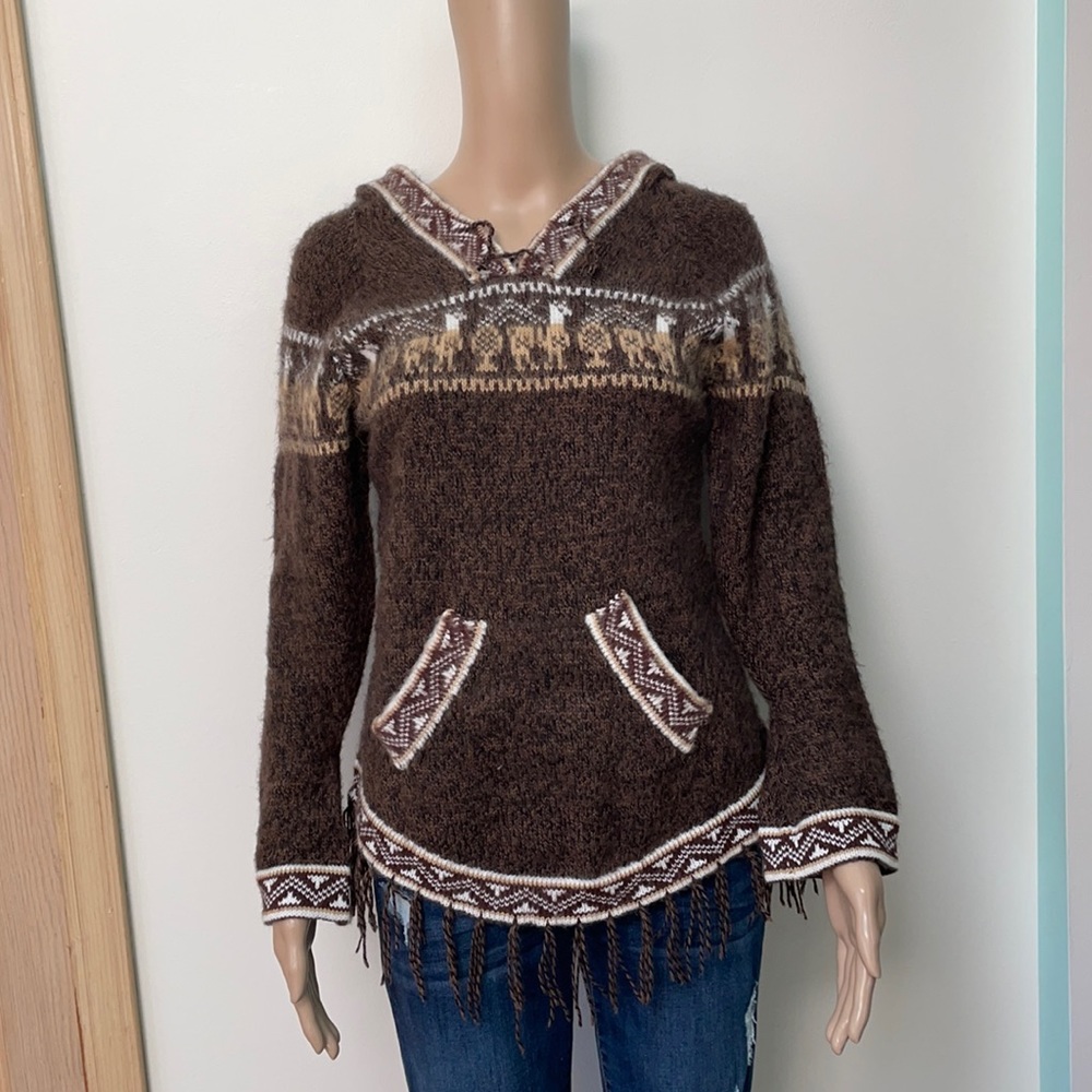 Alpaca Peruvian Sweater with hoodie and fringe